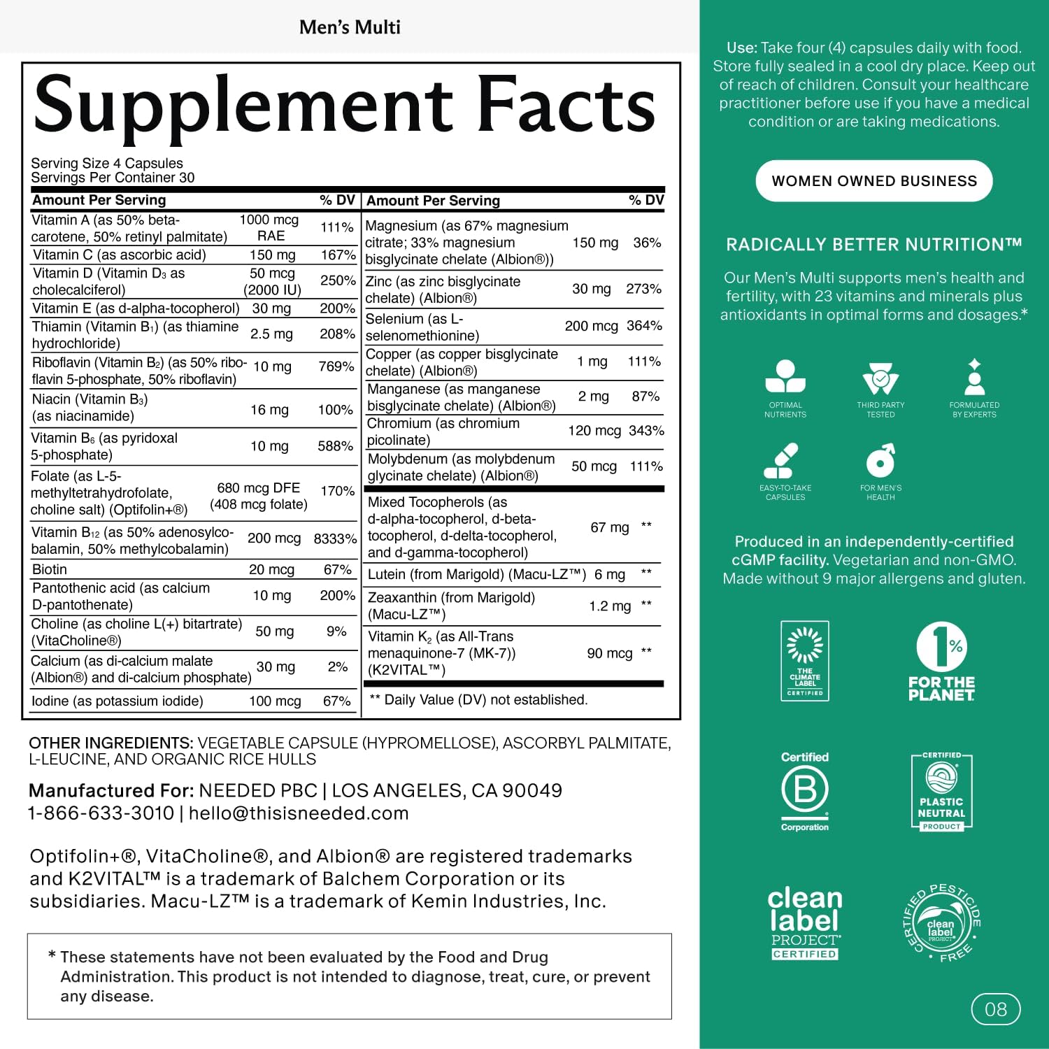 Needed. Multivitamínico para Hombres - 25 Nutrientes para Fertilidad y Salud Masculina