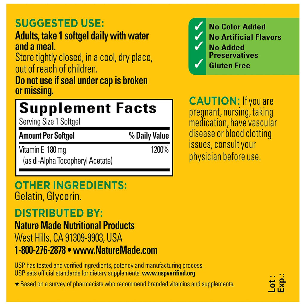 Nature Made Vitamina E 180 mg (400 UI) dl-Alfa, 100 Cápsulas Blandas