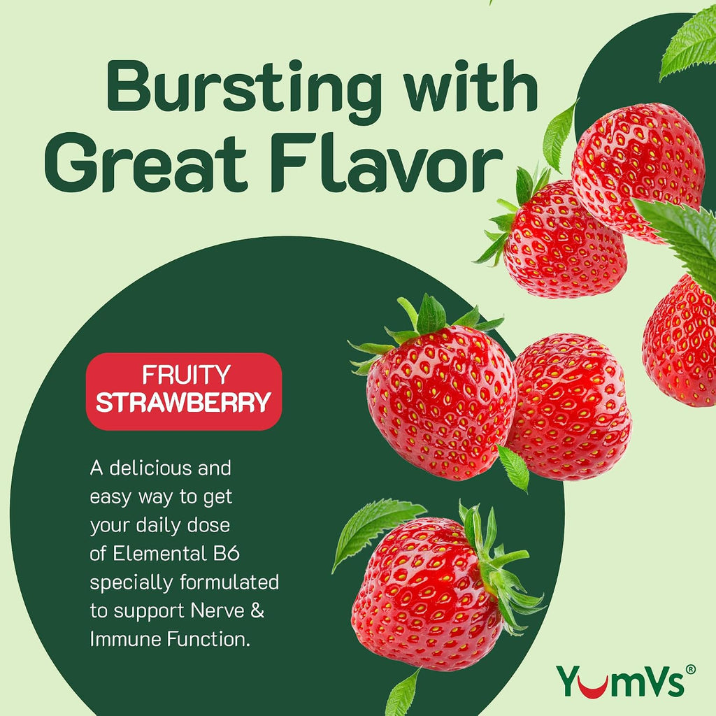 YUM-V'S Gominolas de Vitamina B6 Alta Potencia 100mg - Sabor Fresa - 60 Gominolas (2 Paquetes)