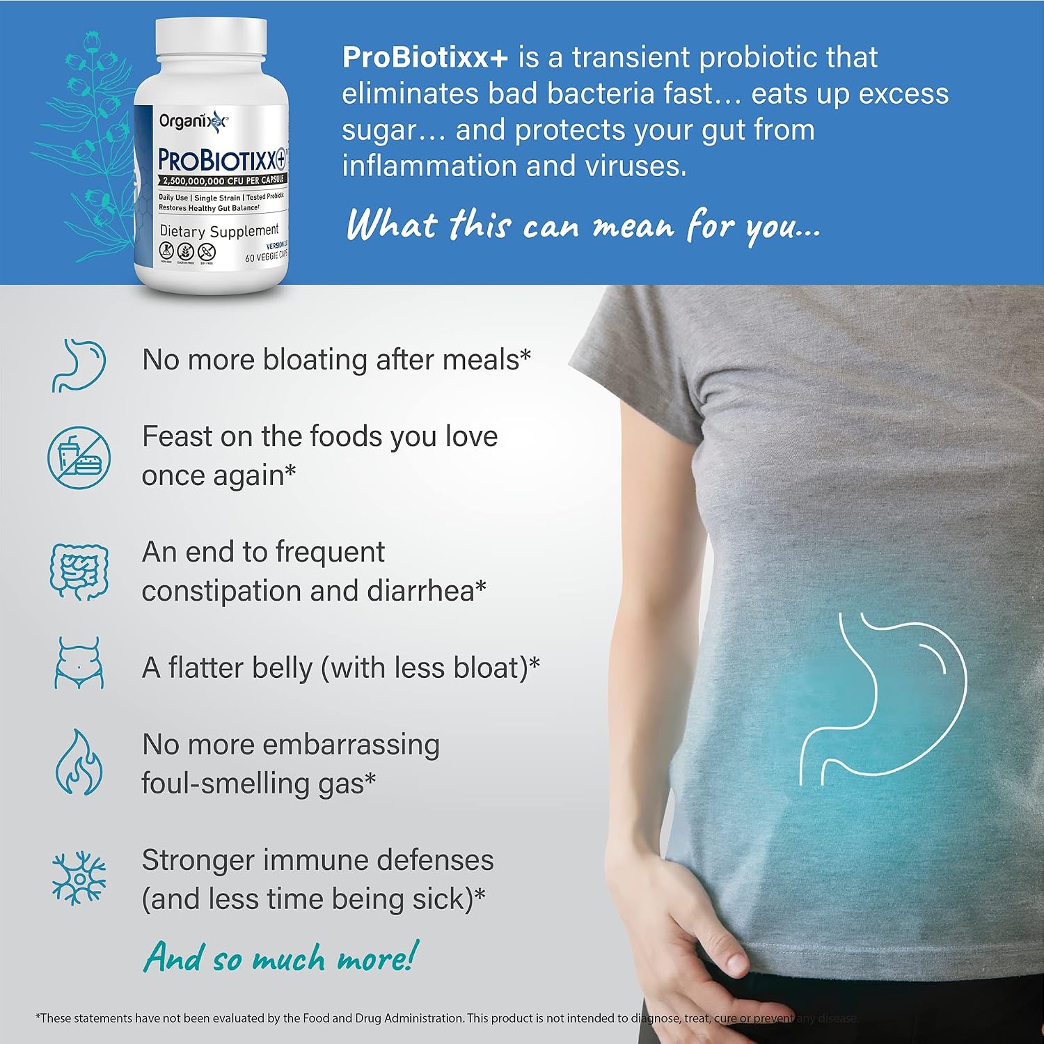 Organixx ProBiotixx+ Probiótico Diario para Salud Digestiva e Inmunidad, 60 Cápsulas Vegetales