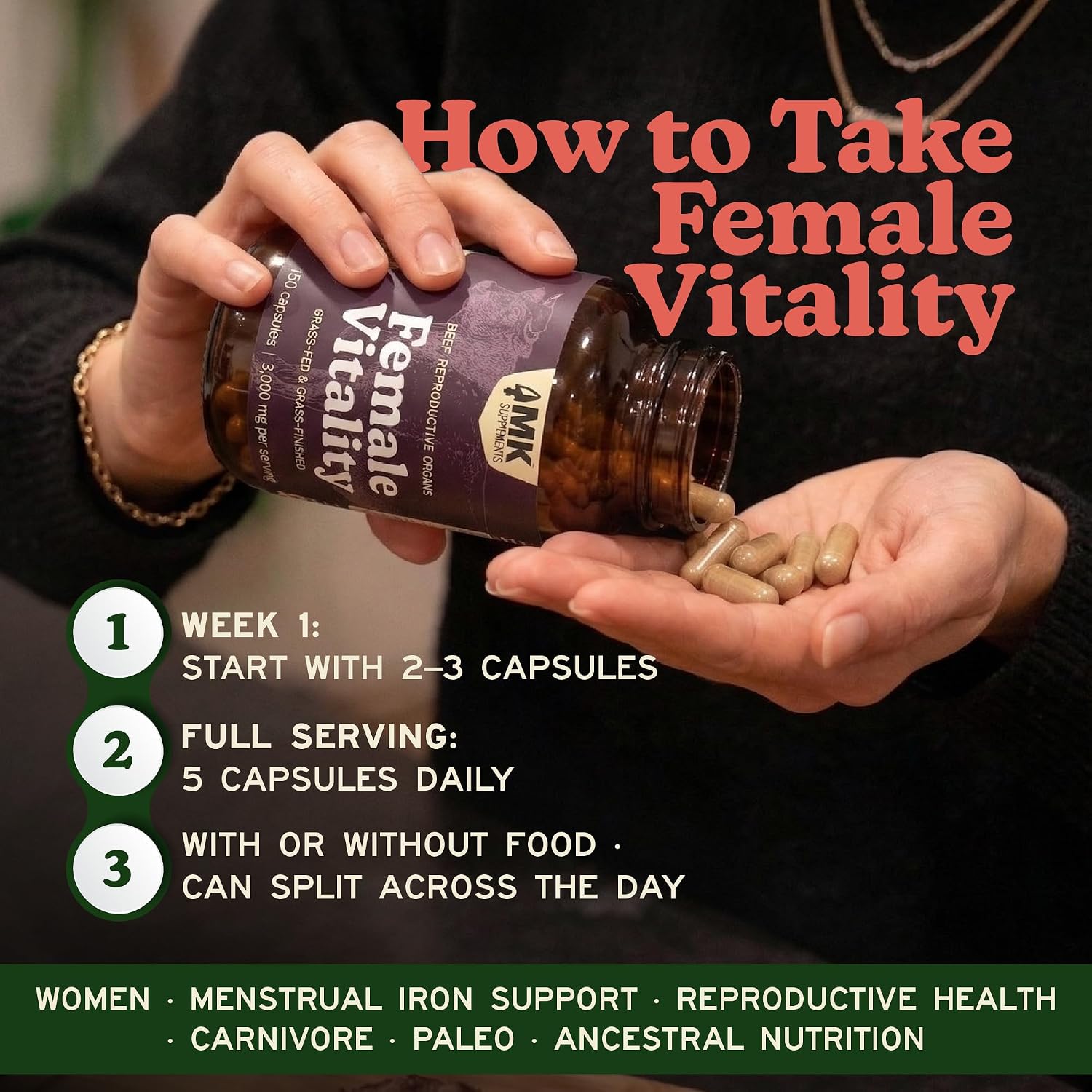 MK Supplements Female Vitality | Órganos de Vaca para Mujeres | Bazo, Útero, Ovarios, Trompas y Riñón | Sin Fitoestrógenos | 150 Cápsulas
