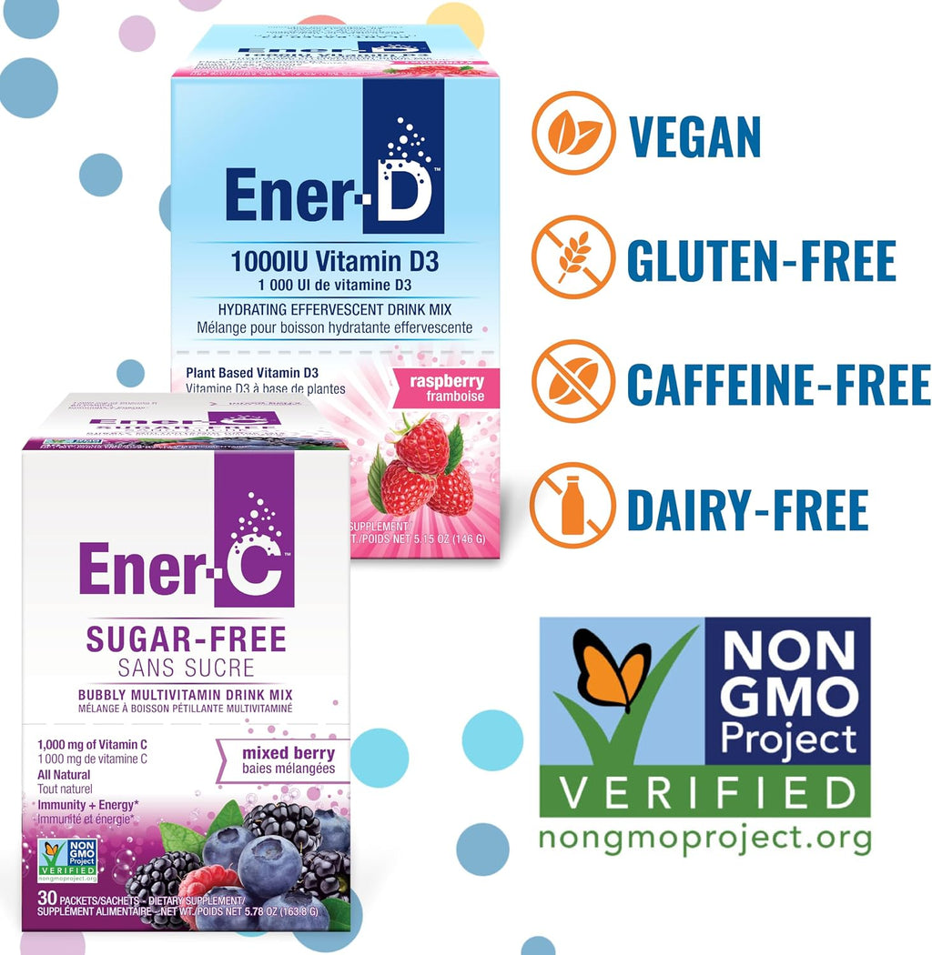 Ener-C Vitamina C 1000mg y Ener-D Vitamina D3 – Pack de 54 Sobres de Bebida en Polvo (Arándanos y Frambuesa)
