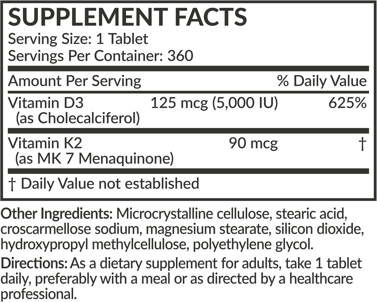 Futurebiotics Vitamina K2 con D3, 5000 UI de Vitamina D3 y 90 mcg de Vitamina K2 MK-7, 360 comprimidos – Image 8