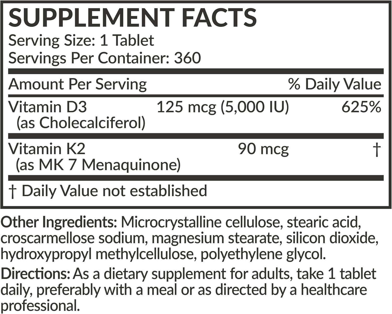 Futurebiotics Vitamina K2 con D3, 5000 UI de Vitamina D3 y 90 mcg de Vitamina K2 MK-7, 360 comprimidos