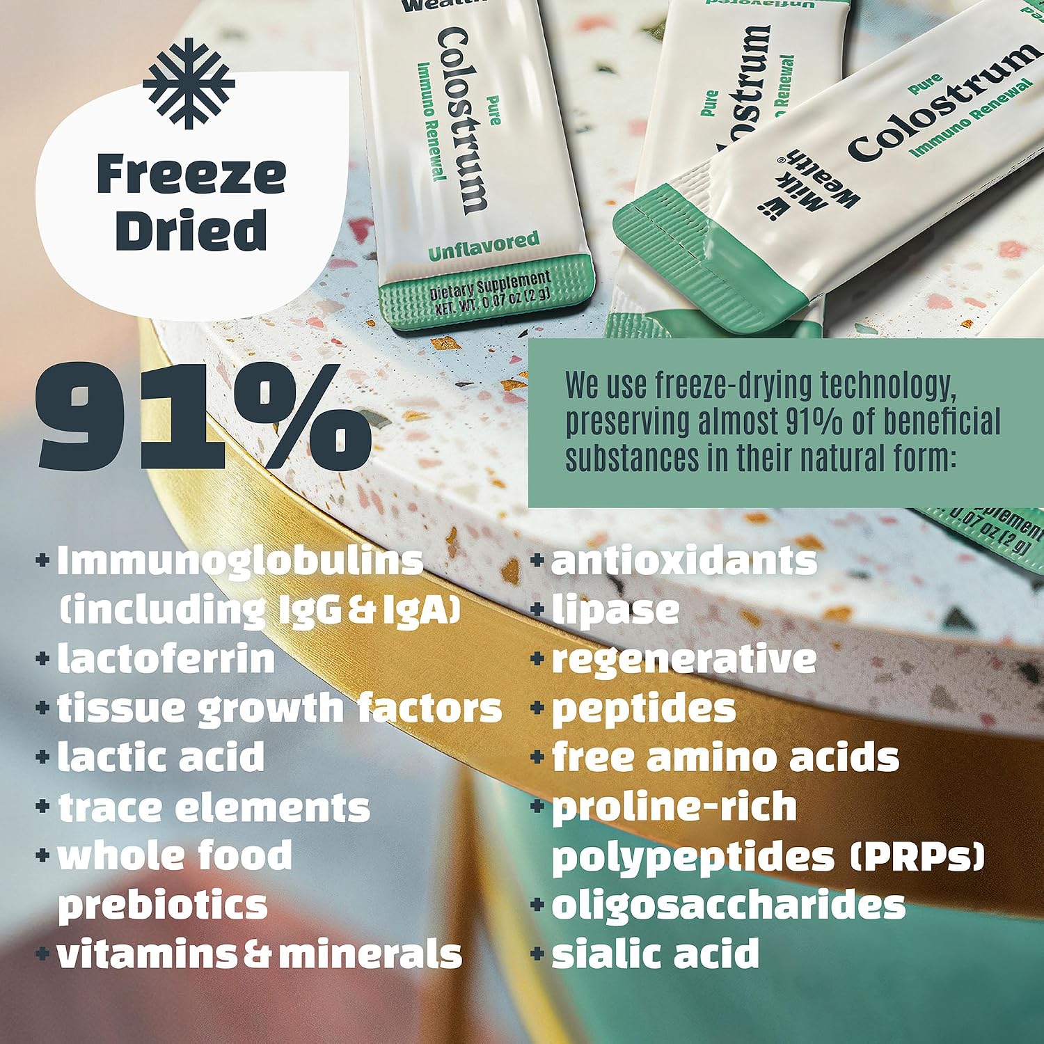 Milk Wealth™ Calostro Bovino en Polvo 50g | Liofilizado con IgG Natural | Apoyo Inmunitario y Salud Intestinal | Pasto Alimentado y Sin Sabor | No Transgénico y Sin Gluten | 25 Sobres Individuales (2g Cada Uno)