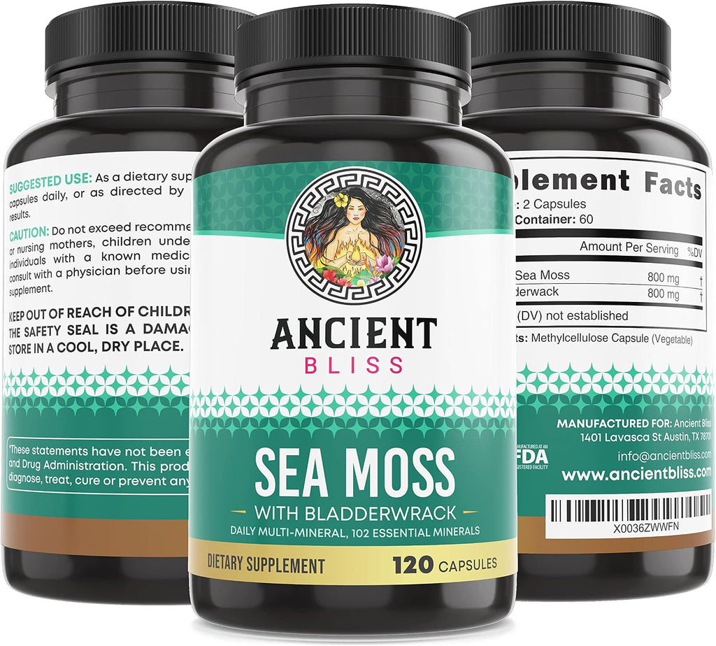 Ancient Bliss Organic Irish Sea Moss Pills - Dr Sebi Wildcrafted Seamoss Capsules | Thyroid, Healthy Skin & Gut Support | 120 Capsules