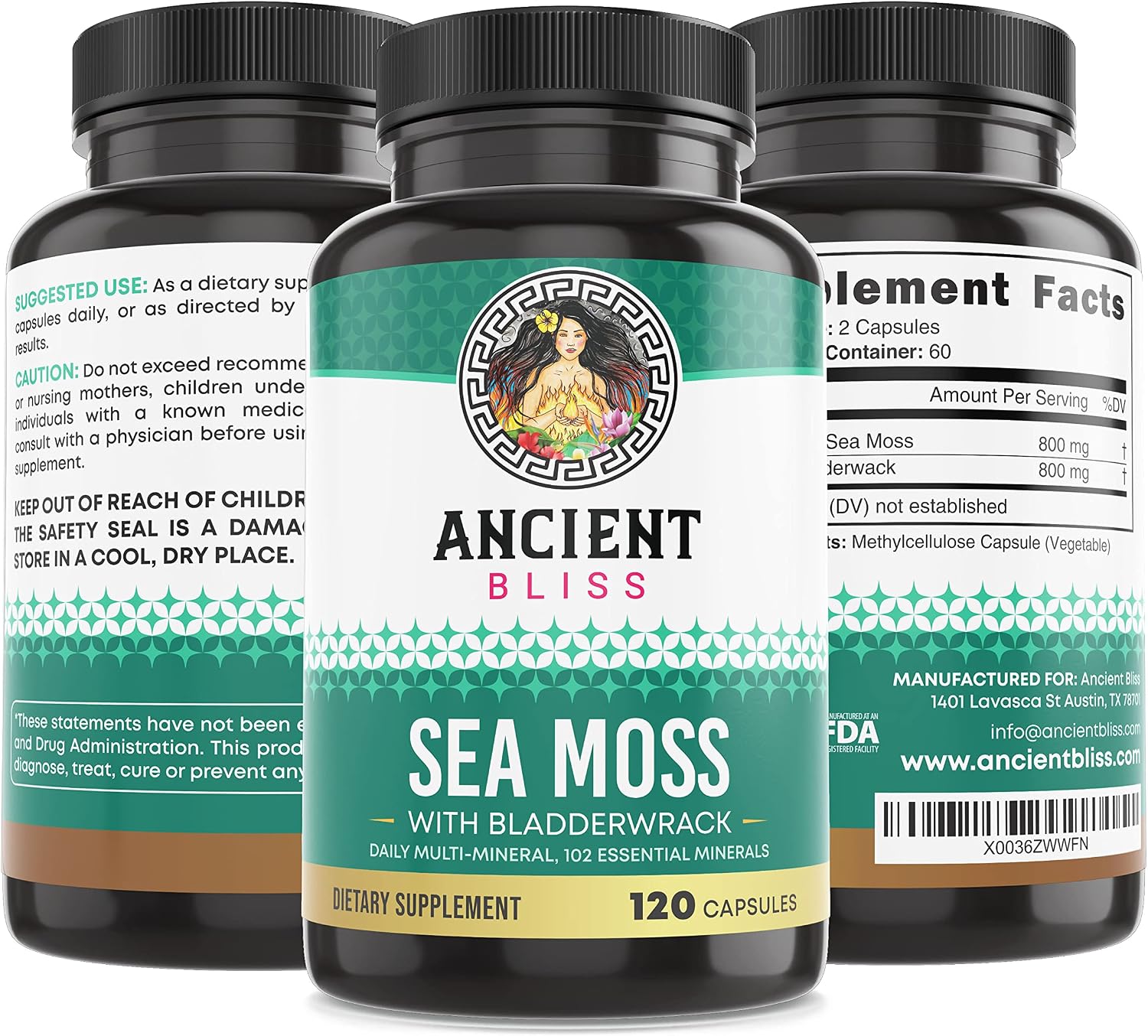 Ancient Bliss Organic Irish Sea Moss Pills - Dr Sebi Wildcrafted Seamoss Capsules | Thyroid, Healthy Skin & Gut Support | 120 Capsules
