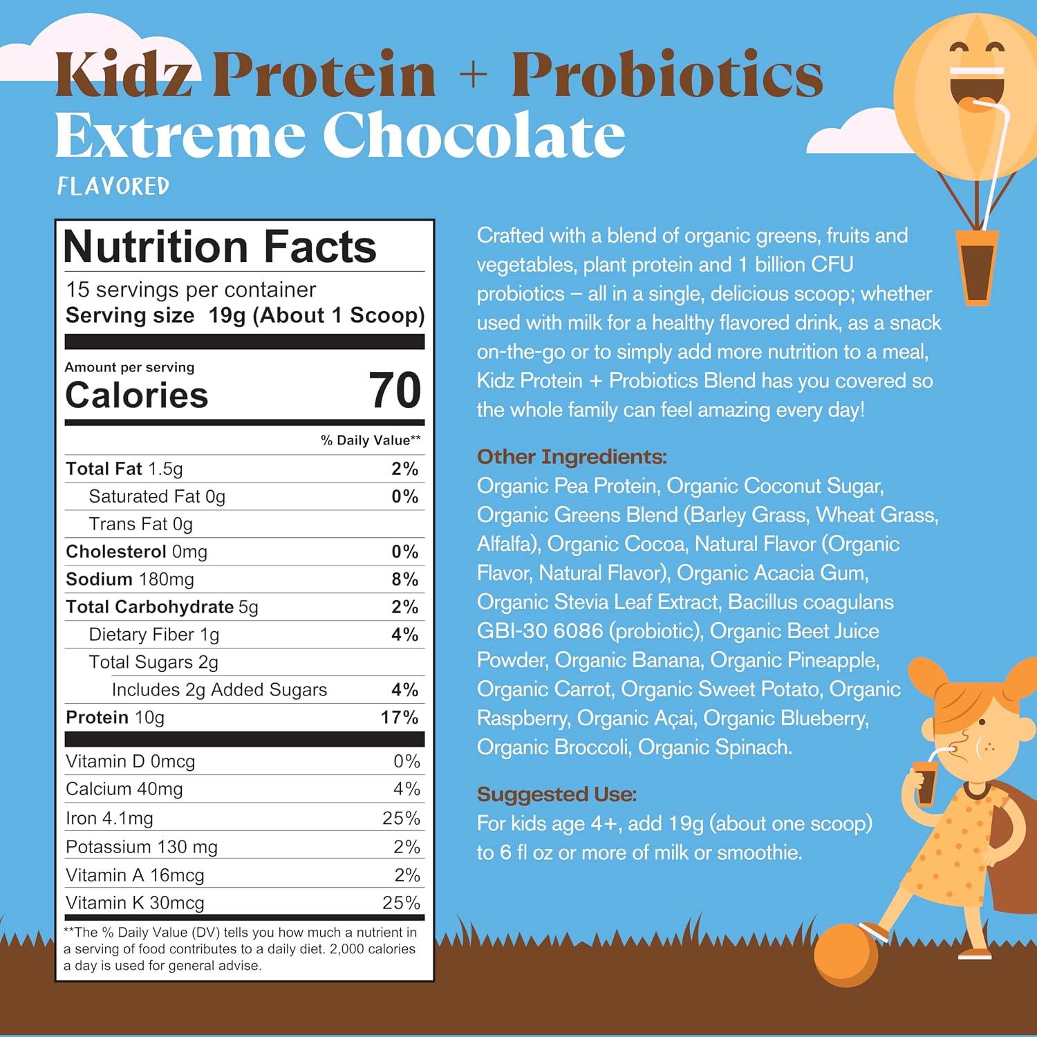 Amazing Grass Kidz Superfood: Proteína Vegetal y Probióticos para Niños, Sabor Chocolate Extremo, 15 porciones