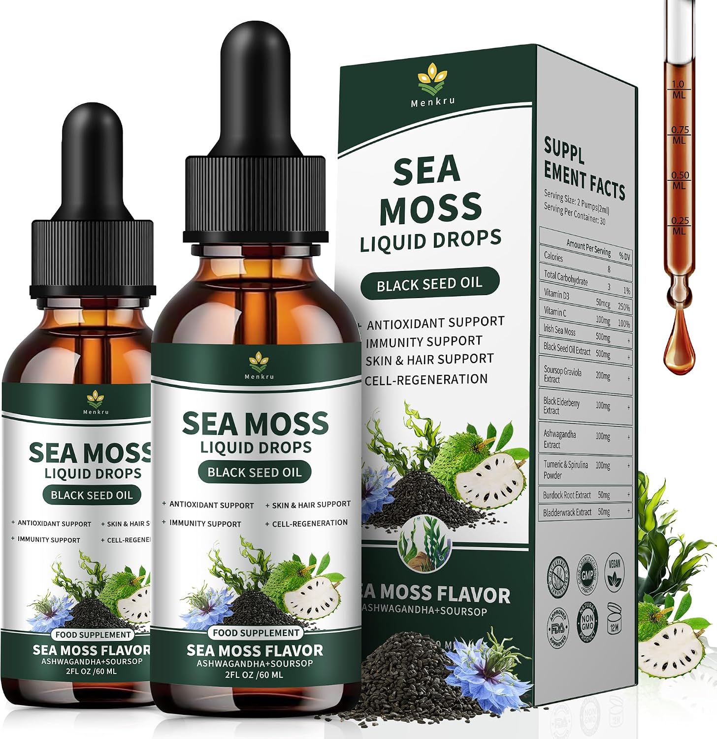 (2 Pack) Gotas Líquidas de Sea Moss con Aceite de Nigella, Soursop y Algas Irish Moss