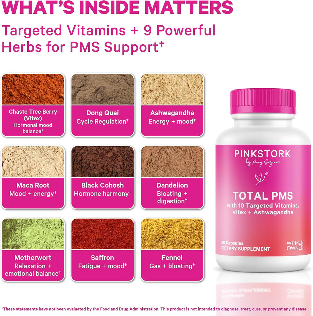 Pink Stork Suplemento PMS para Mujeres - con Vitex, Ashwagandha, Maca y 10 Vitaminas y Minerales - 60 Cápsulas