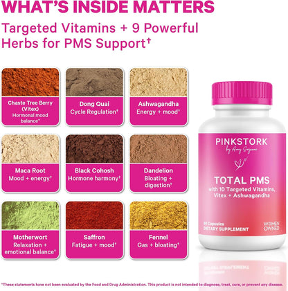 Pink Stork Suplemento PMS para Mujeres - con Vitex, Ashwagandha, Maca y 10 Vitaminas y Minerales - 60 Cápsulas – Image 2