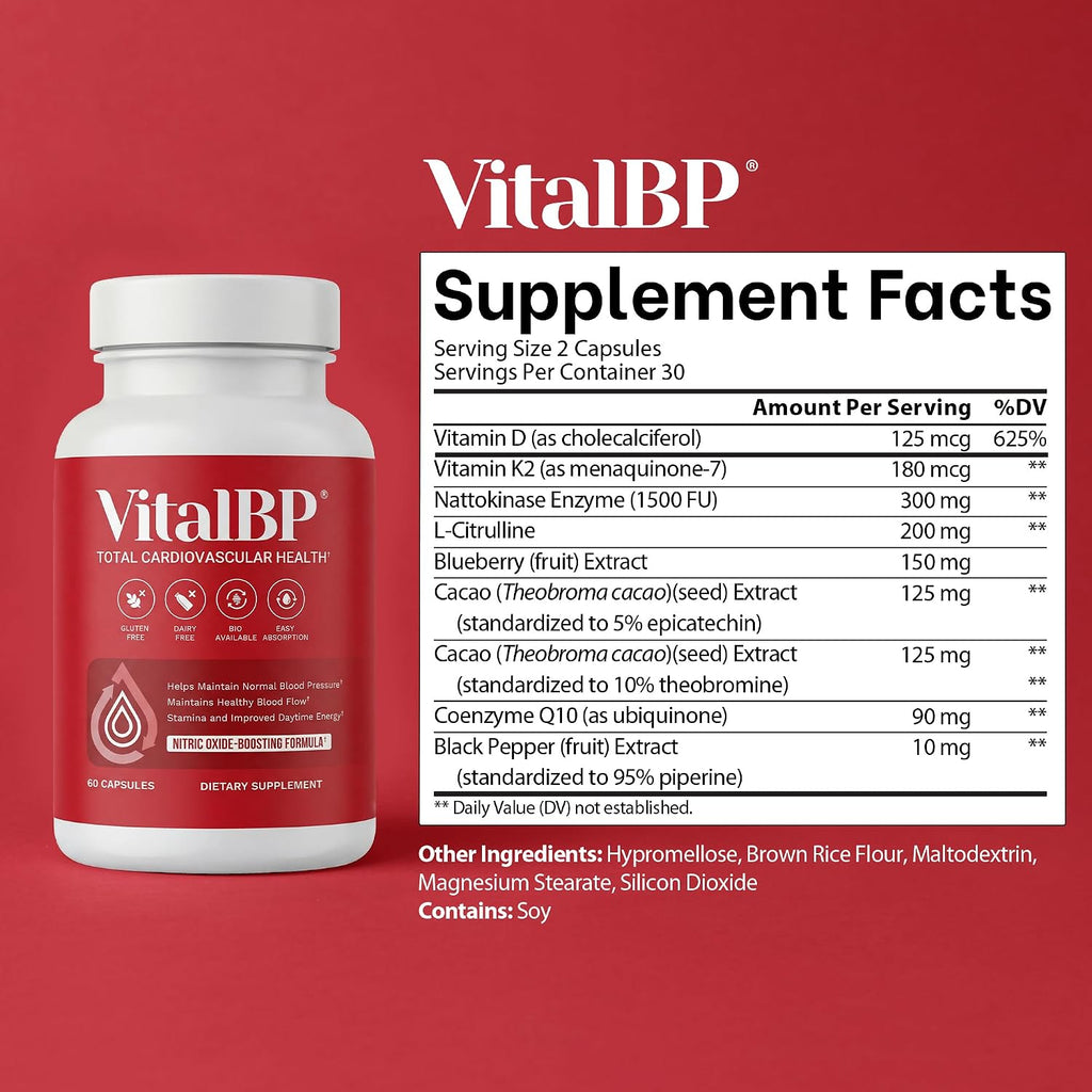 VitalBP - 2 Pack - Apoyo para la presión arterial normal - Favorece el flujo sanguíneo y las arterias - con CoQ10, L-Citrulina, K2 y D3 - 60 Cápsulas
