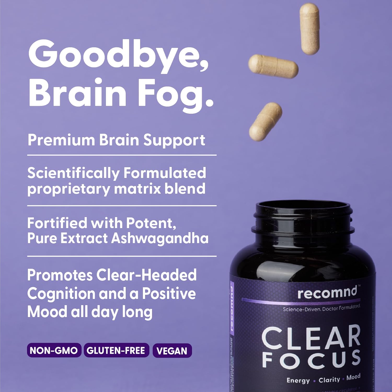 Clear Focus - Complemento para la memoria y concentración con Ashwagandha, Lion's Mane y Ginkgo Biloba, 120 cápsulas