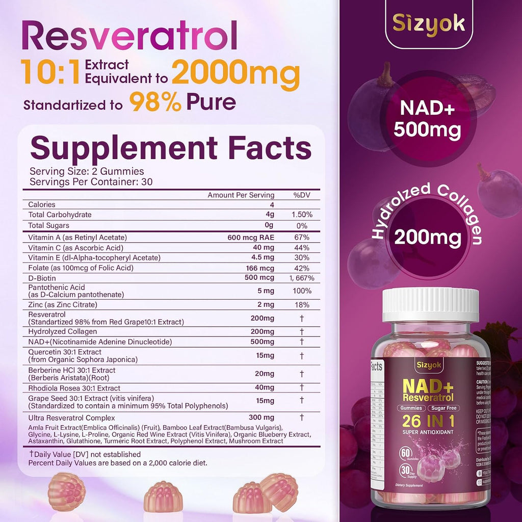 NAD Resveratrol Gummies - Suplemento con NAD+, Resveratrol, Colágeno Hidrolizado, Semilla de Uva y D-Biotina - Sin Azúcar - 60 Gominolas (Pack de 3)