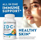 Vitaminerals® Z D C, Complejo de Zinc 50mg, Vitamina D3 250mcg, Vitamina C 500mg, con Jengibre, Lisina, Cúrcuma y Bioflavonoides - 120 Cápsulas Vegetarianas