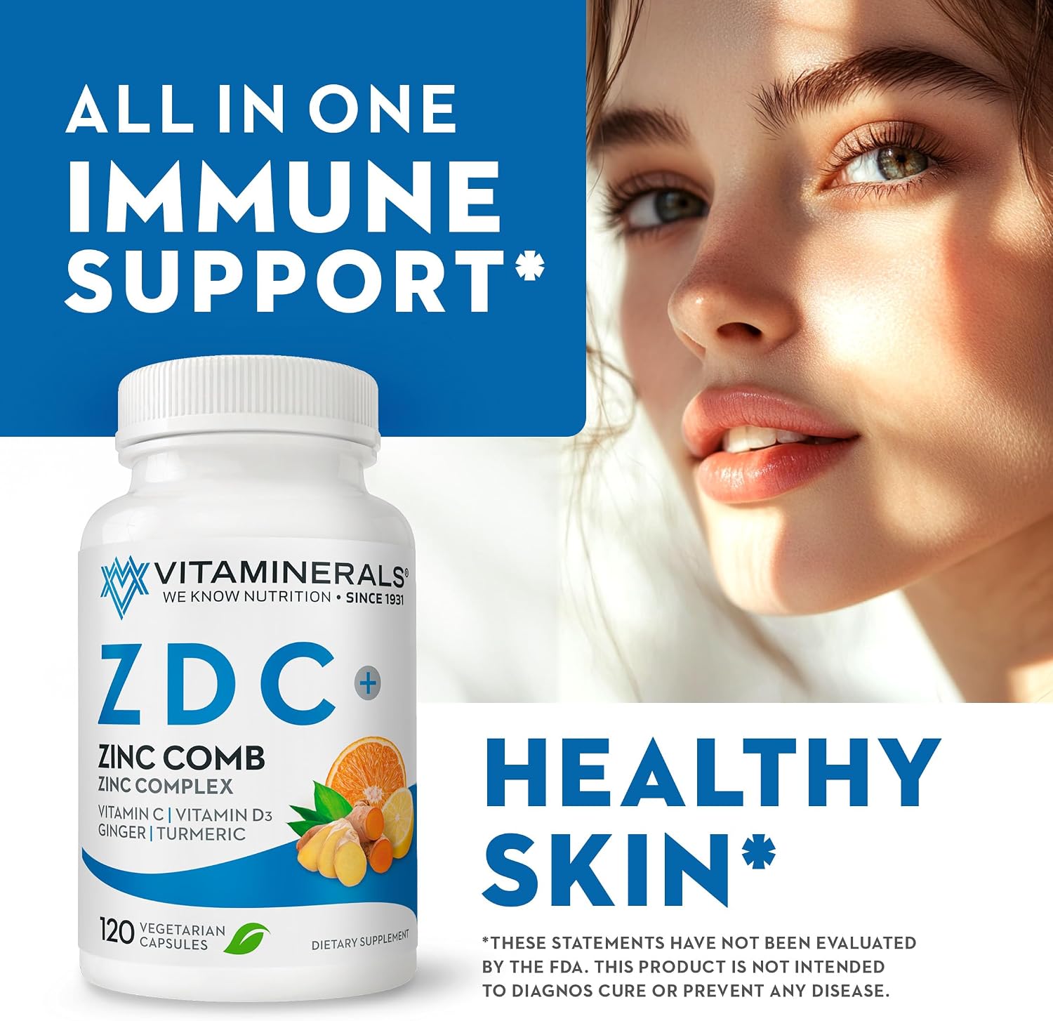Vitaminerals® Z D C, Complejo de Zinc 50mg, Vitamina D3 250mcg, Vitamina C 500mg, con Jengibre, Lisina, Cúrcuma y Bioflavonoides - 120 Cápsulas Vegetarianas