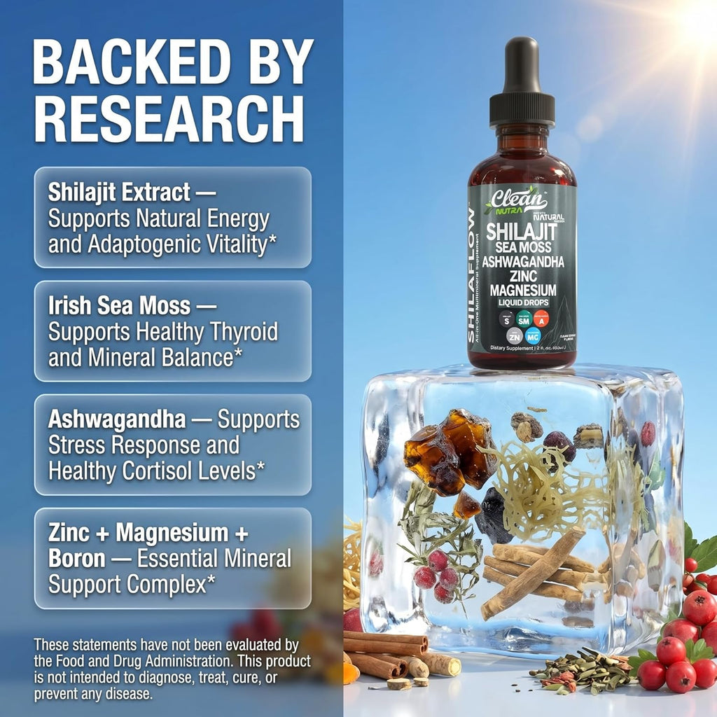 ShilaFlow Shilajit Drops Líquido – Complejo de Shilajit con Sea Moss, Ashwagandha, Zinc, Magnesio y Boro