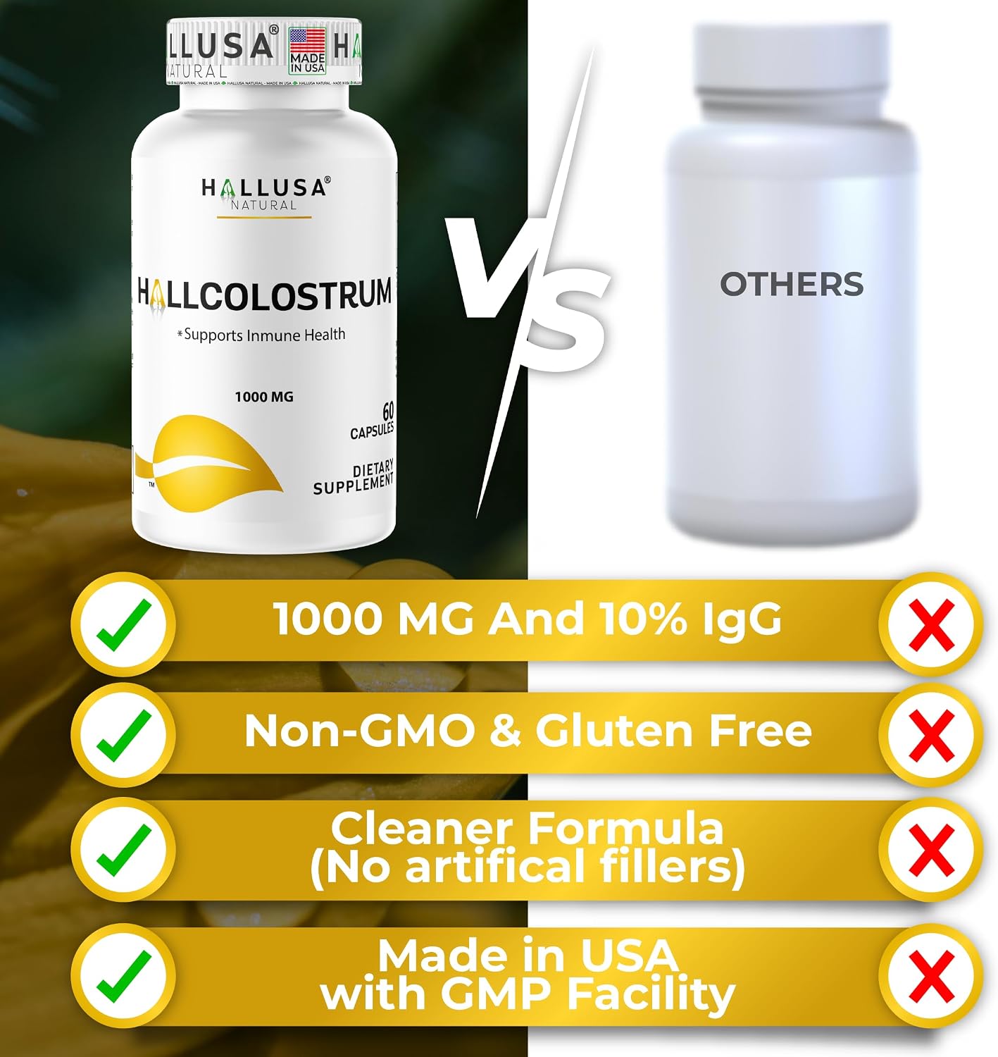 Hallusa Natural Cápsulas de Colostro 1000 mg | Apoyo Inmunológico, Salud Digestiva, Recuperación Muscular, Piel y Cabello, Energía | 60 Cápsulas