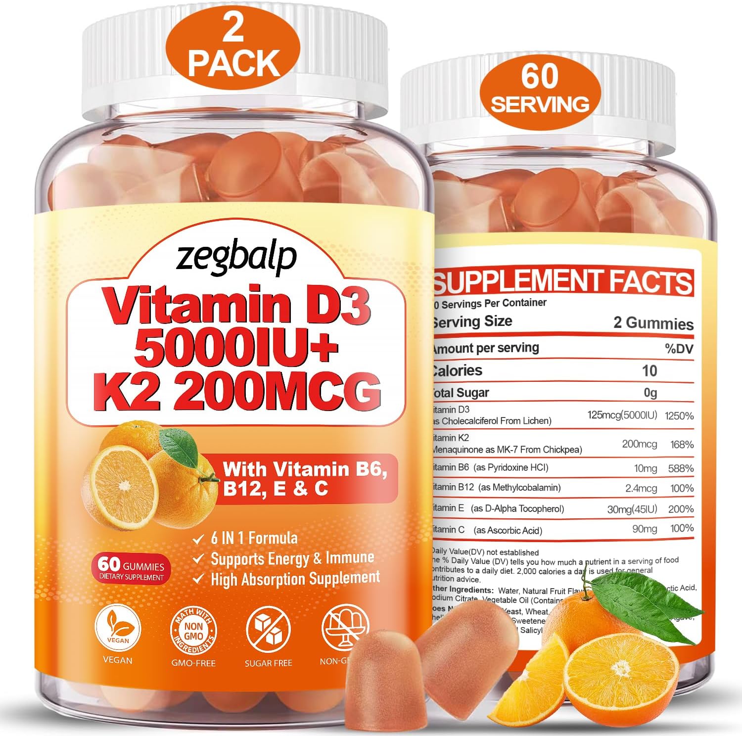 2 Paquetes de Gominolas de Vitamina D3 y K2 para Adultos, Sin Azúcar, Vitamina D3 5000UI + K2 (MK-7) 200mcg Suplemento con Complejo B y Vitaminas C y E, para Huesos, Músculos, Dientes e Inmunidad, Vegano, Sin Gluten
