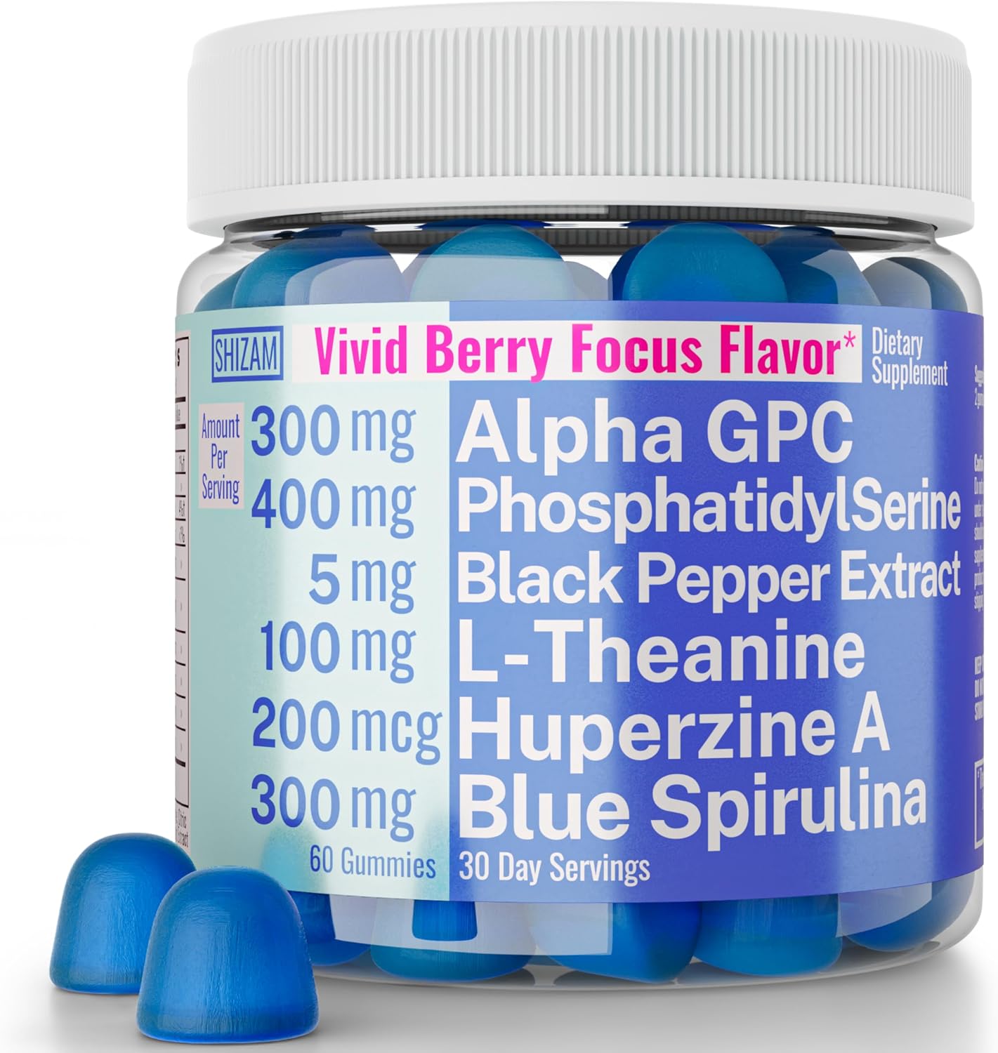 SHIZAM Gominolas Brain Elevator 6 en 1: Alpha GPC, Huperzina A, Fosfatidilserina, L-Teanina, Espirulina Azul y Bioperina