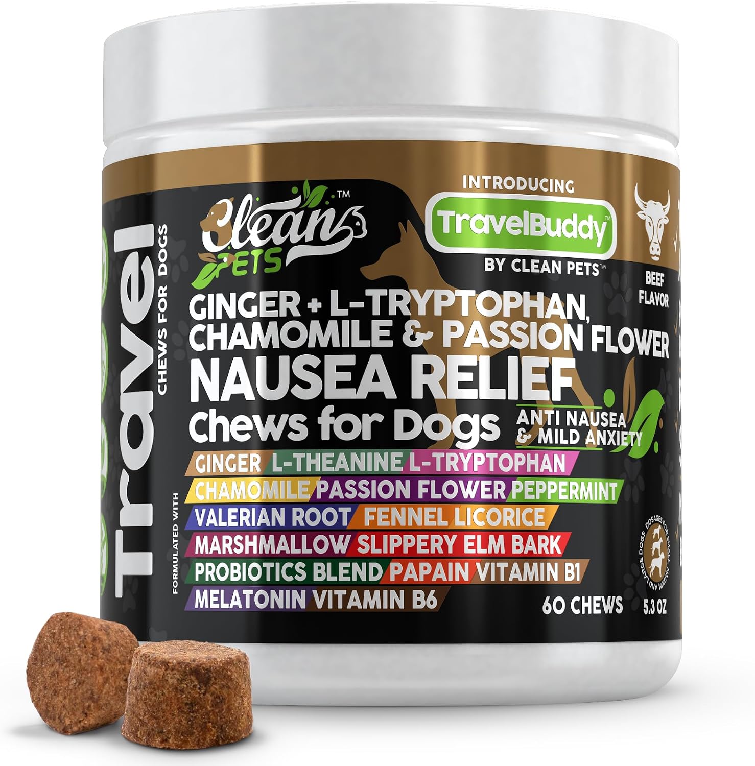 Clean Pets Travel Chews - Masticables calmantes para perros con jengibre y melatonina