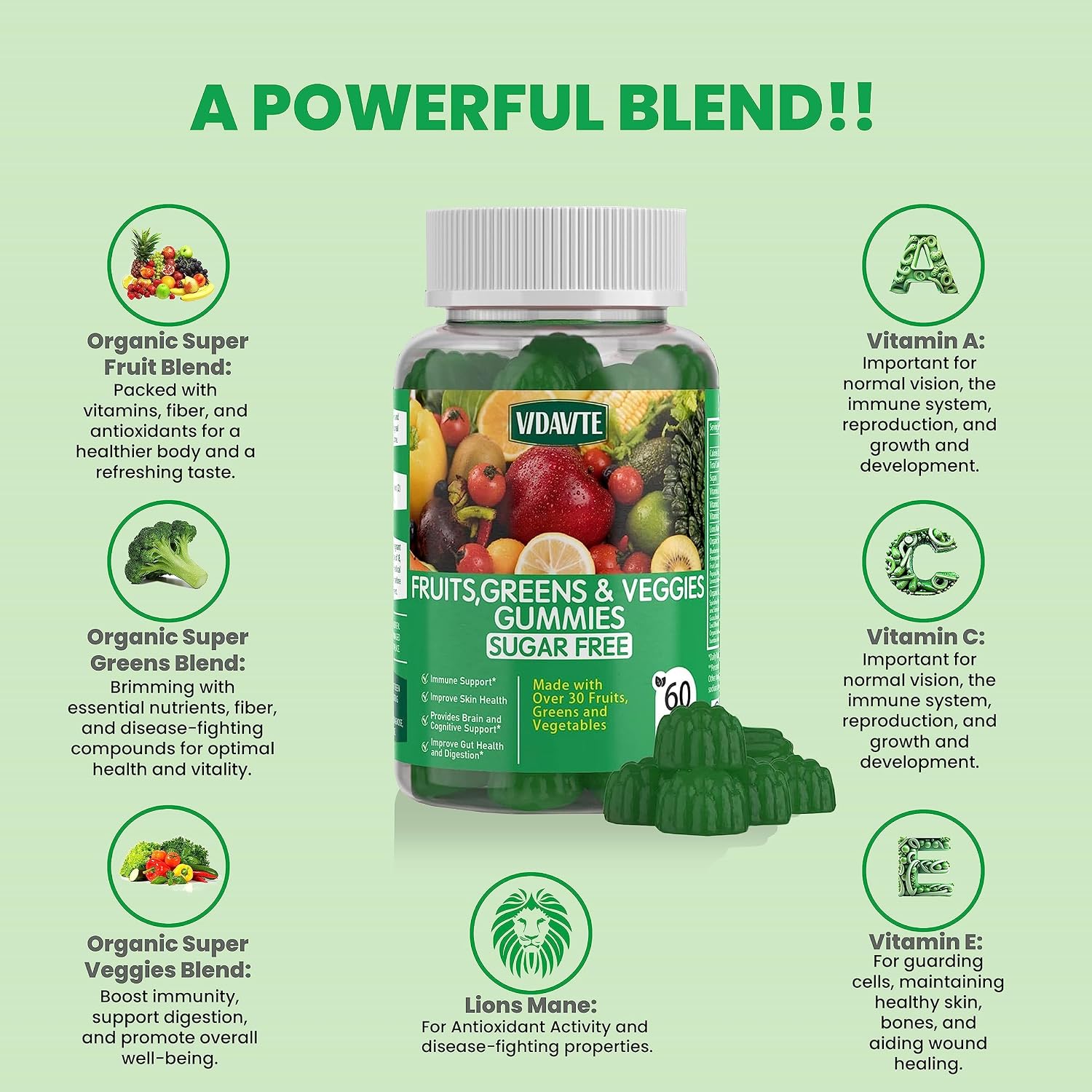VIDAVITE Gominolas de Superalimentos sin Azúcar - 35+ Frutas y Verduras para Adultos y Adolescentes