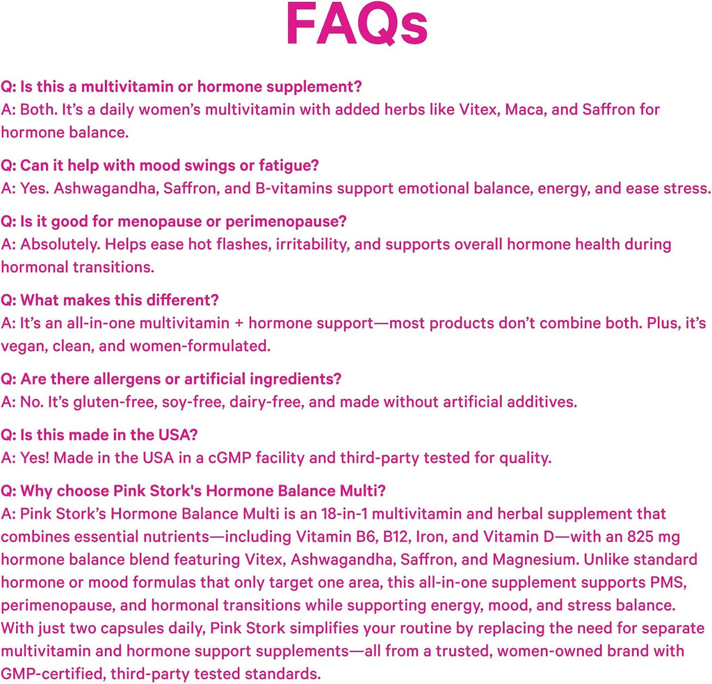 Pink Stork Hormone Balance Multivitamin for Women | Multivitamínico para Mujeres con Vitex, Ashwagandha y Magnesio | 60 Cápsulas Veganas