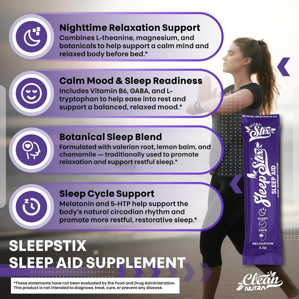 Clean Nutraceuticals Sleep Aid – Polvo de Melatonina con Triptófano, Glicina, Valeriana, Magnesio, L-teanina, Zinc, Inositol, GABA, B6, 5-HTP – 20 Sticks