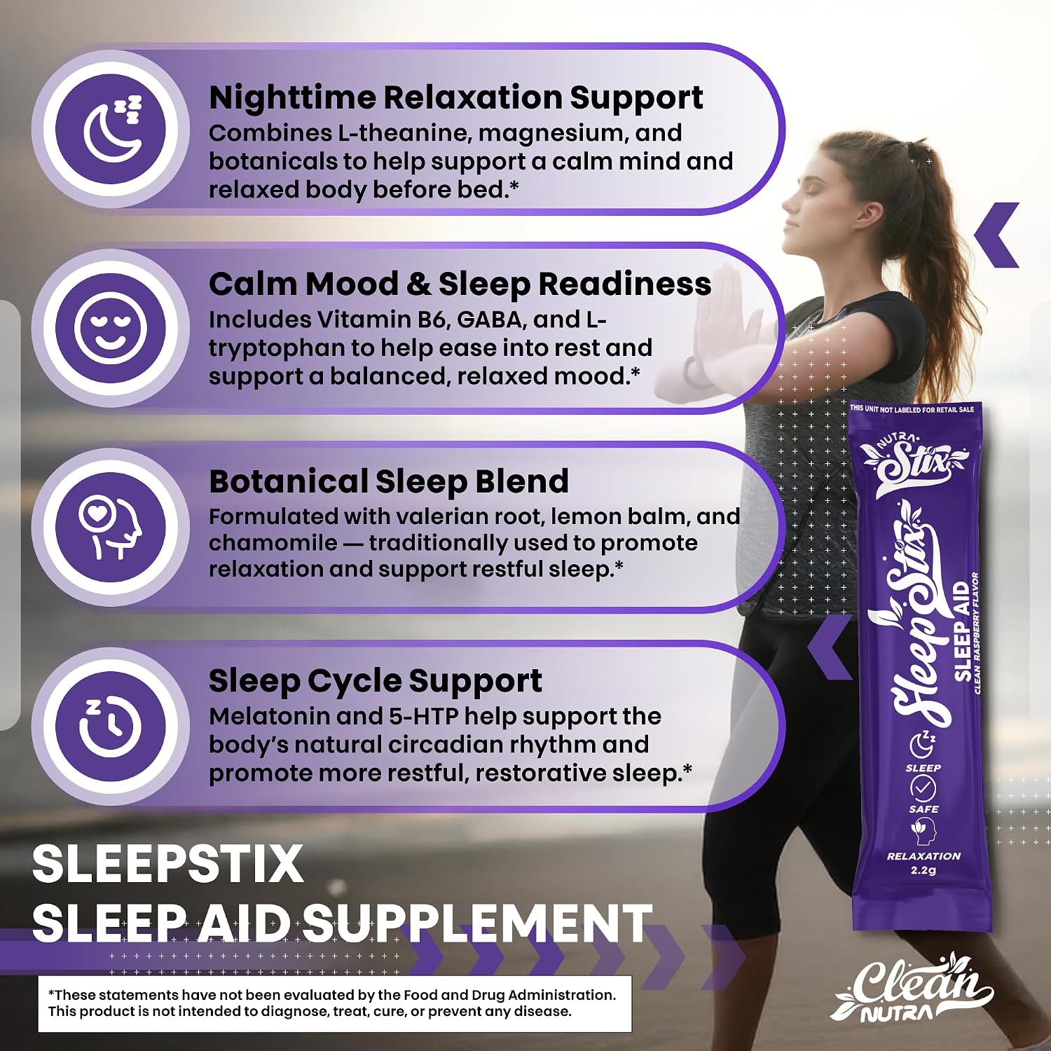 Clean Nutraceuticals Sleep Aid – Polvo de Melatonina con Triptófano, Glicina, Valeriana, Magnesio, L-teanina, Zinc, Inositol, GABA, B6, 5-HTP – 20 Sticks