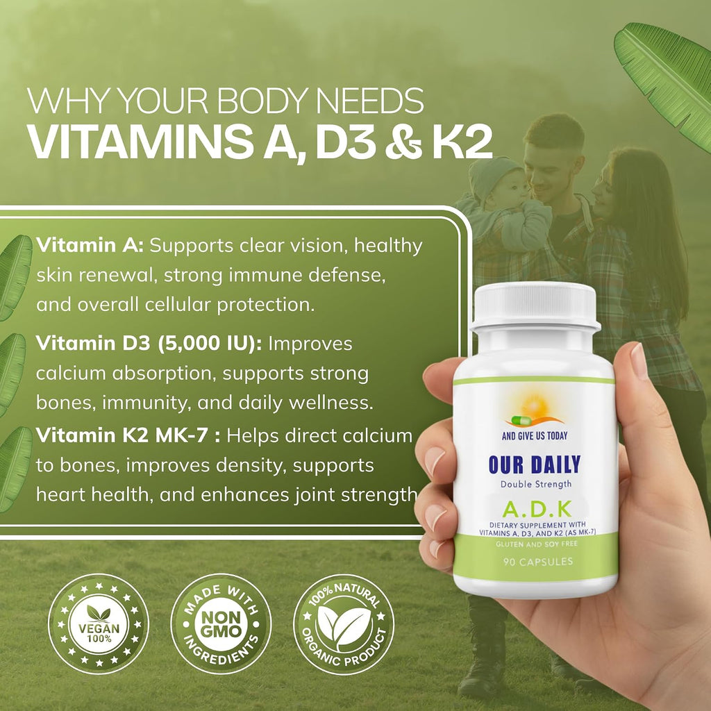 Daily Vites ADK - Vitamina A, D3 y K2 MK-7 - 5000 UI - 180 Cápsulas