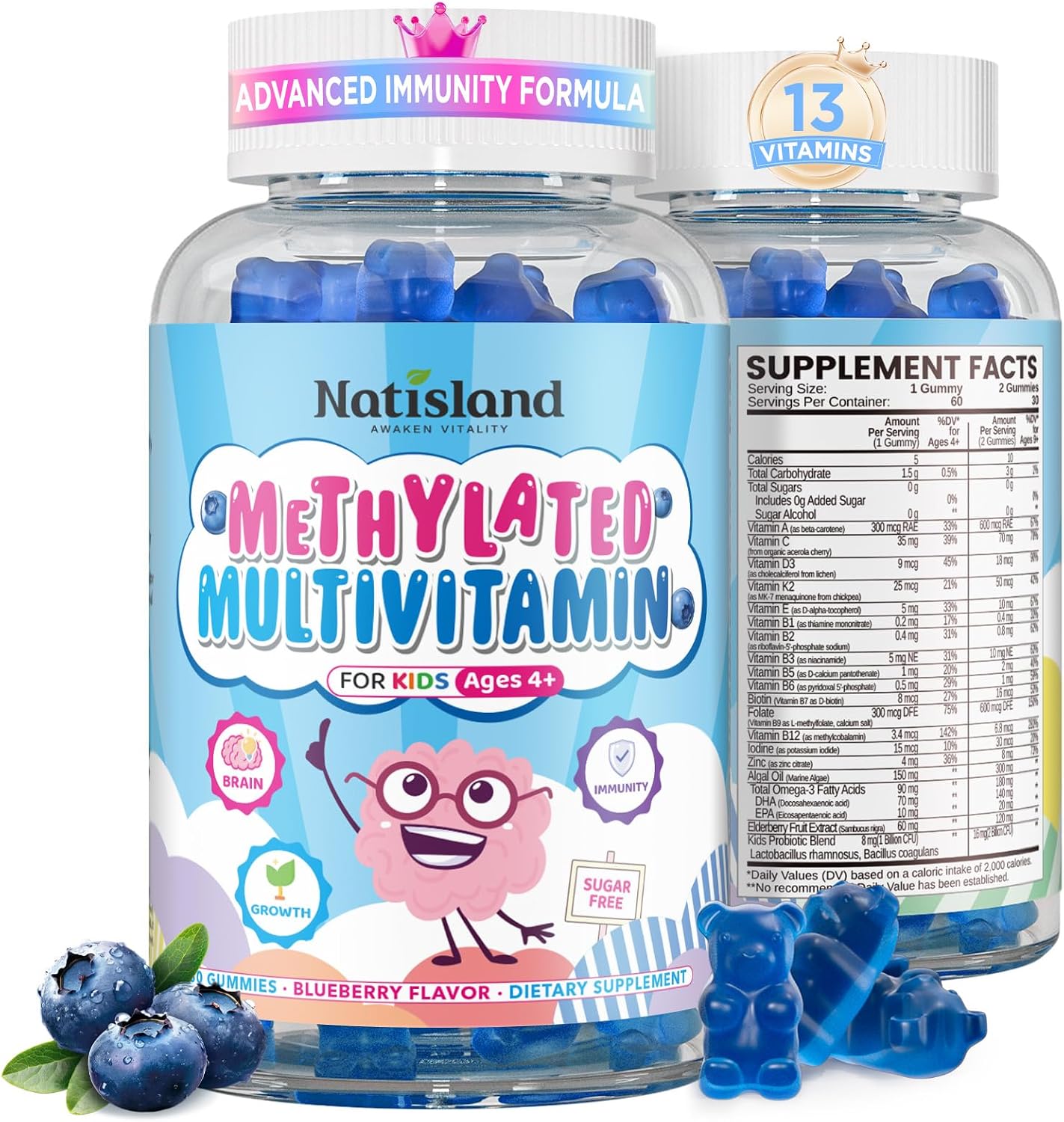 Multivitamínico Metilado para Niños 4+ - MTHFR, L-Metilfolato, B12, Omega-3 Vegano, Zinc, Probióticos - Sin Azúcar - NATISLAND