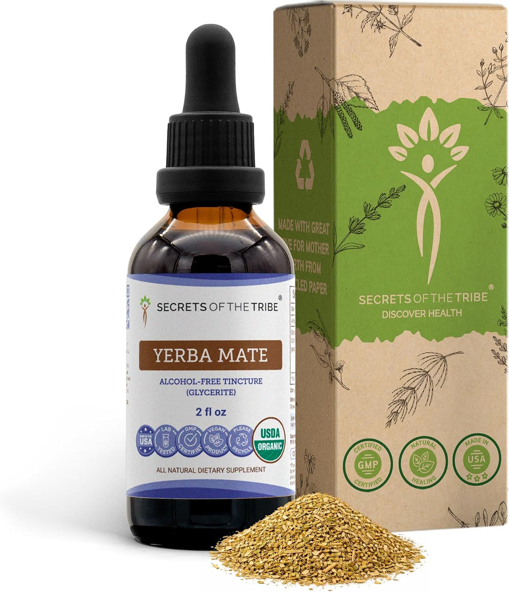 Secrets of the Tribe Tintura Orgánica de Yerba Mate | Extracto sin Alcohol, Gotas Herbales de Alta Potencia | Elaborado con Hoja Seca 100% Orgánica de Yerba Mate (Ilex paraguariensis) (60 ml)