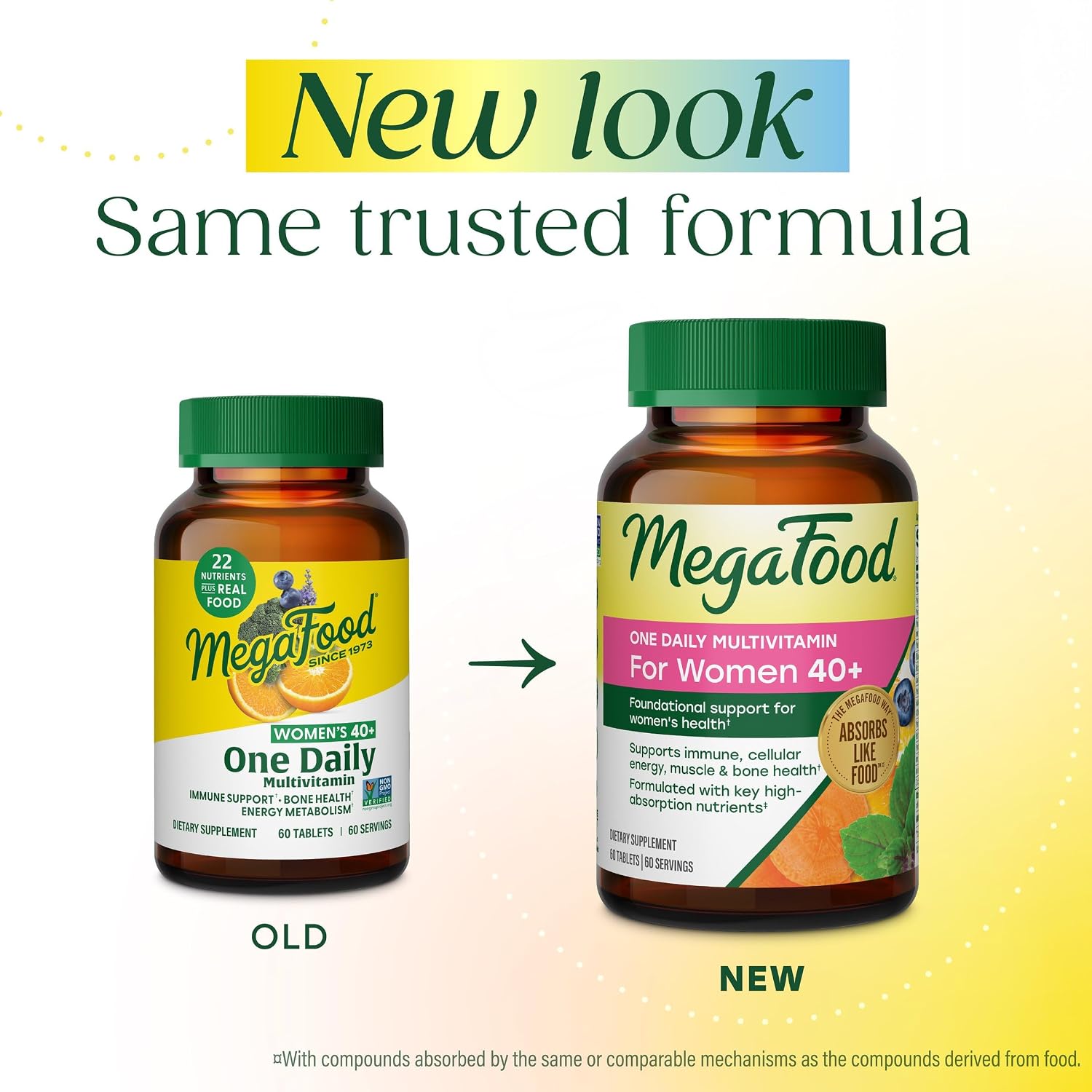 MegaFood, Mujeres Mayores de 40, Una al Día, Suplemento Multivitamínico y Mineral Diario con Vitaminas C, D, Folato, Biotina y Hierro, No Transgénico, Vegetariano, 90 comprimidos (90 dosis)