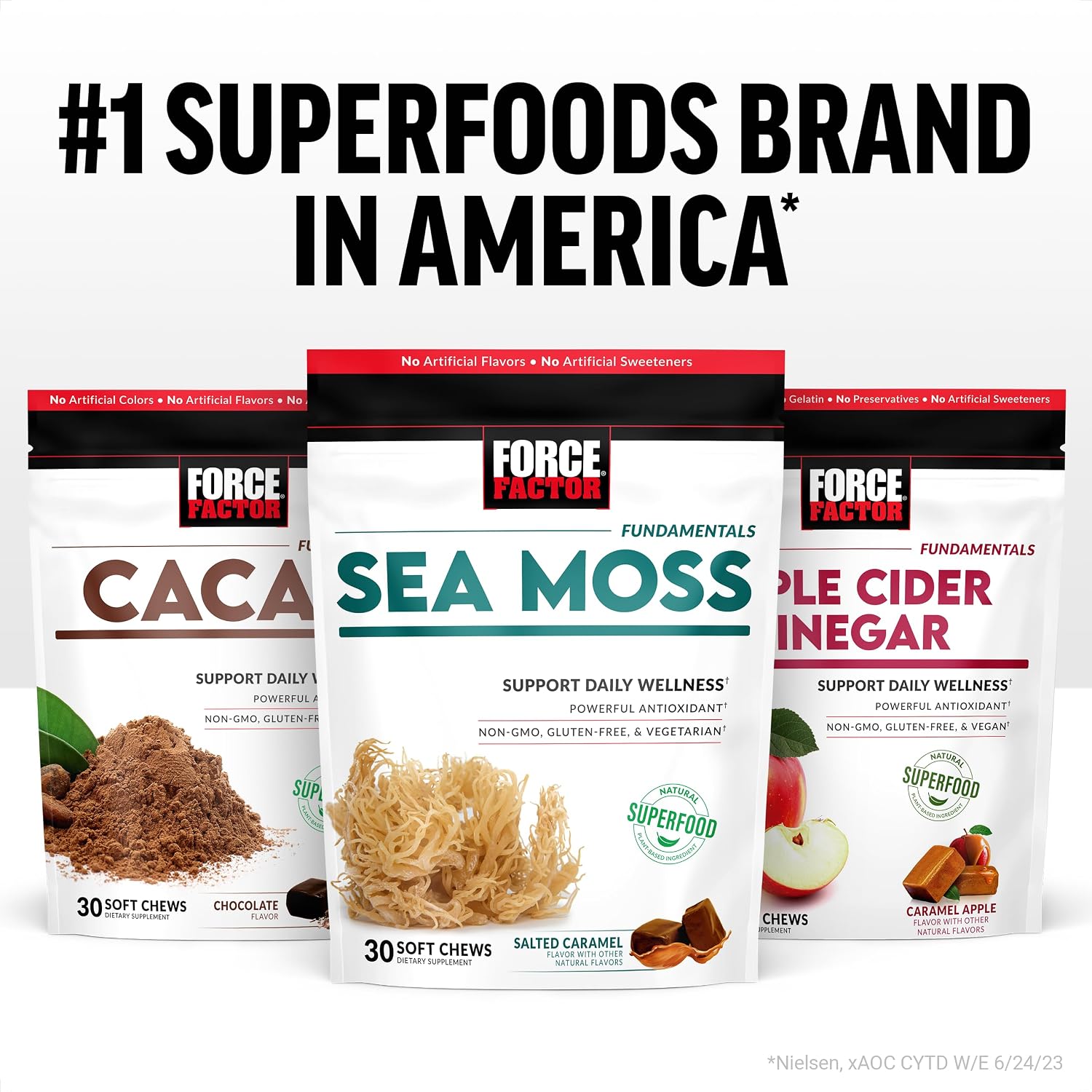 Force Factor Sea Moss Soft Chews, Gominolas de Musgo Irlandés, Sabor Caramelo Salado, 90 Gominolas (Pack de 3)
