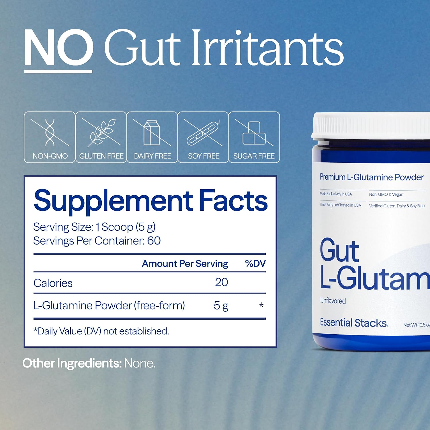 Essential Stacks Gut L-Glutamine Powder - Polvo de L-Glutamina Pura para la Salud Intestinal (60 Dosis, Sin Sabor)