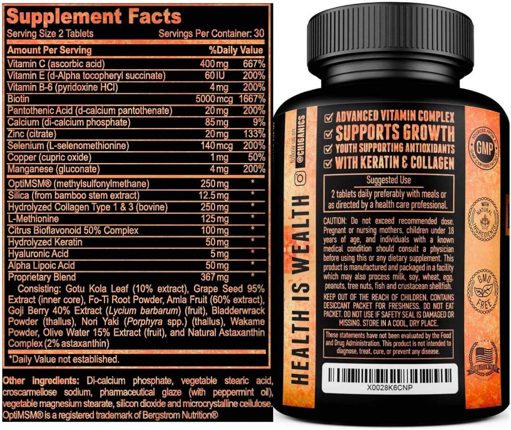 10X Potente Biotina 5000mcg con Keratina, Colágeno y Sílice para Cabello, Piel y Uñas