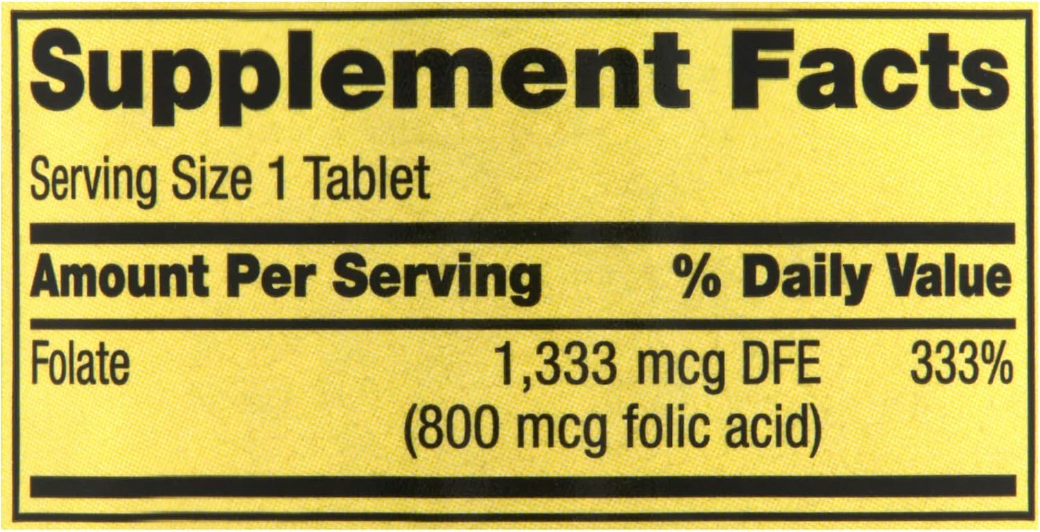 Folato 1,333 mcg DFE (800 mcg Ácido Fólico) - 400 Comprimidos - Spring Valley + Ebook