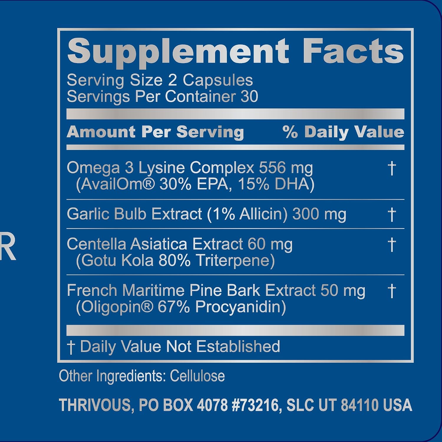 Thrivous Omega Cardioprotector – Suplemento Avanzado para el Corazón y la Circulación con Omega-3 AvailOm, Ajo, Gotu Kola y Corteza de Pino Oligopin – 60 Cápsulas Veganas