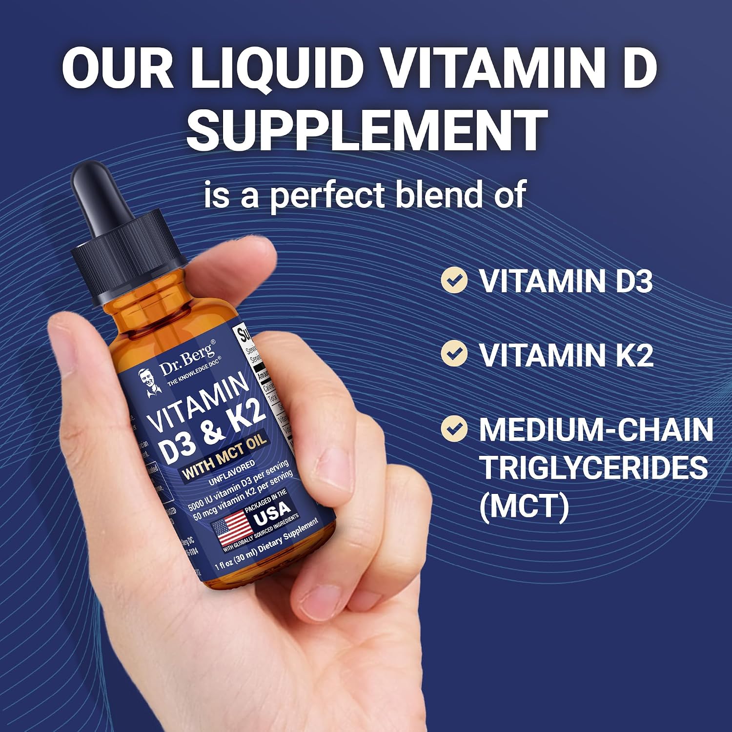 Dr. Berg Maximum Strength Vitamina D3 K2 Líquido con MCT Oil – 5000 UI de Vitamina D3 con K2 – Sin Sabor 30 ml