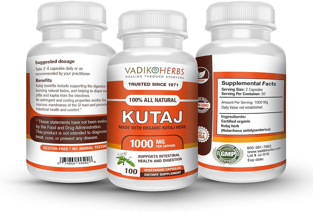 Vadik Herbs Kutaj (Holarrhena Antidysenterica) - 100 Cápsulas Vegetales - Complemento para el Soporte Digestivo