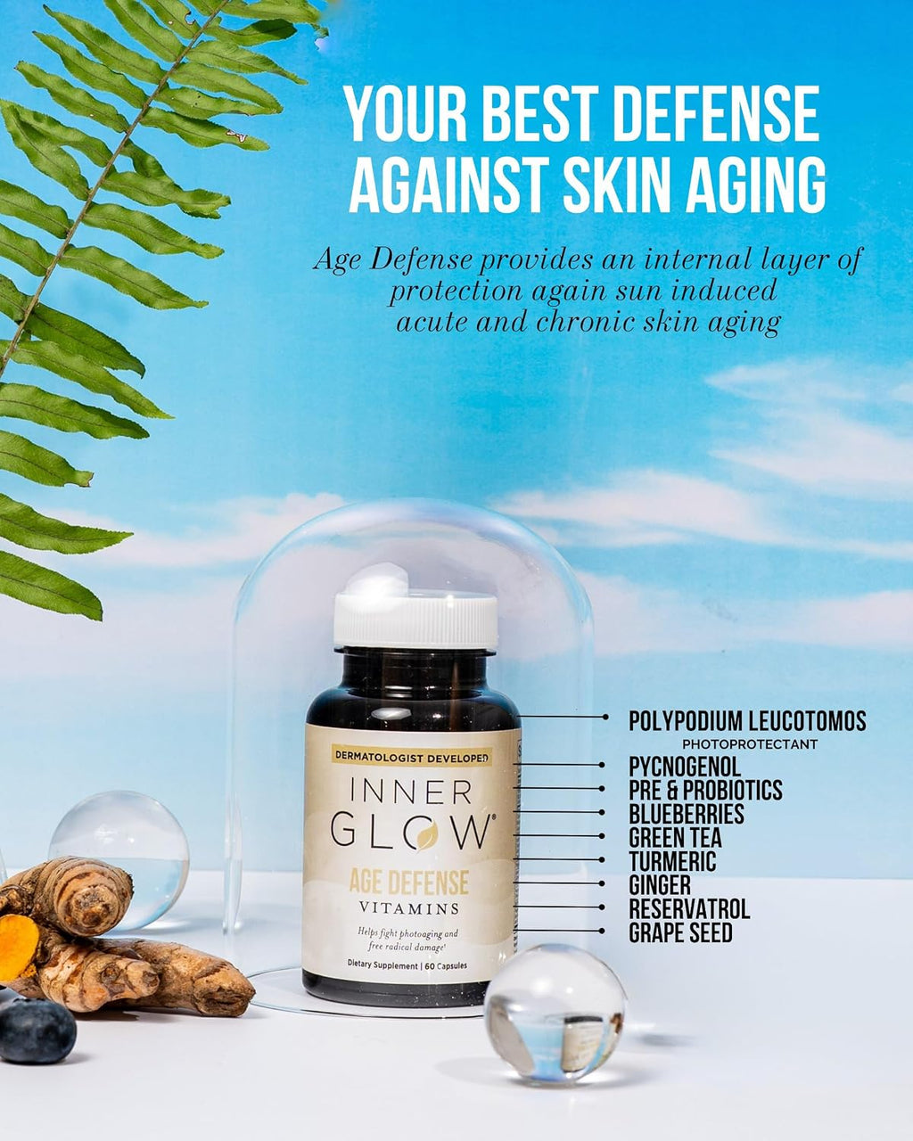 Inner Glow Age Defense Vitamins - Antioxidant Skin Support, Polypodium Leucotomos Formula, Vegan, Gluten-Free - 60 Cápsulas