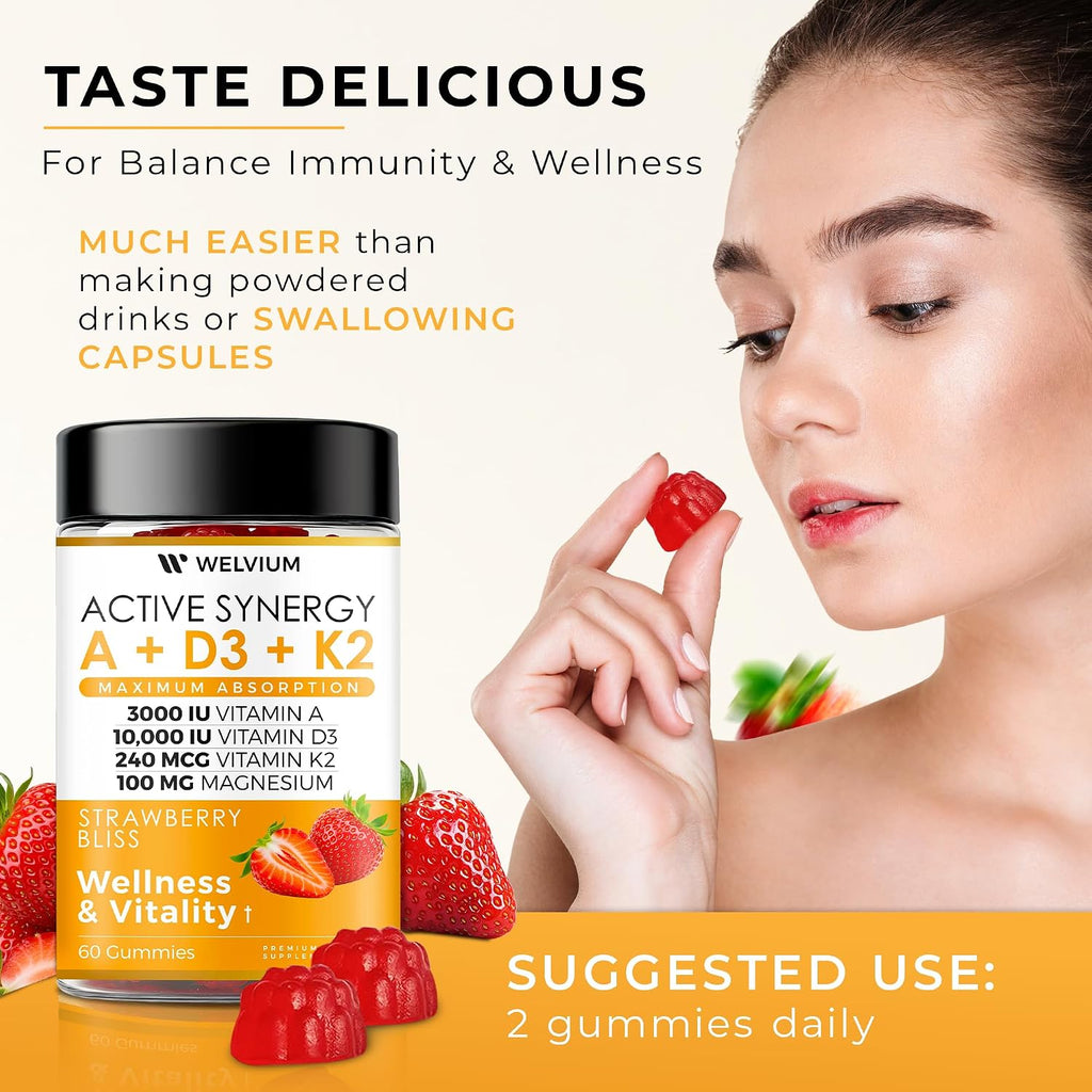 Gominolas de Vitamina D3 K2 10000 UI con Magnesio, Calcio, B12, Luteína, Zeaxantina - Complemento ADK Masticable