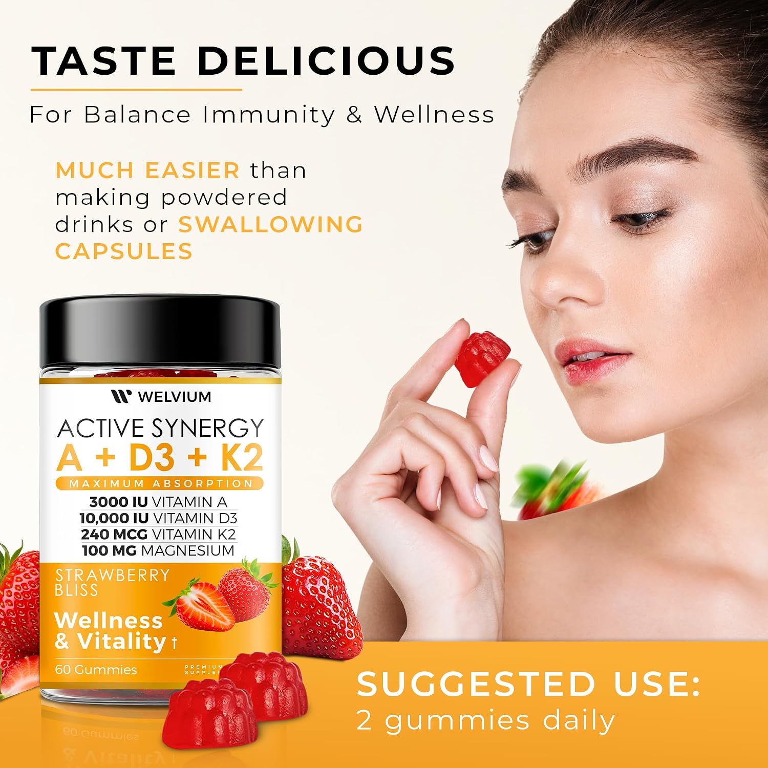 Gominolas de Vitamina D3 K2 10000 UI con Magnesio, Calcio, B12, Luteína, Zeaxantina - Complemento ADK Masticable