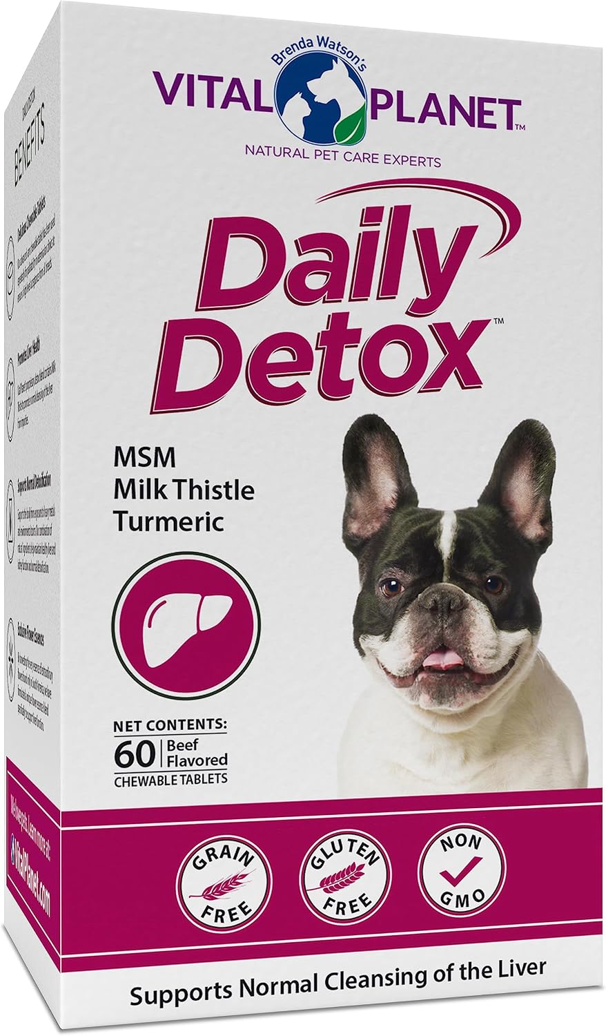 Vital Planet - Daily Detox para Perros con MSM, Cardo Mariano, Espirulina y Cúrcuma - Apoya el Sistema Inmunológico y la Limpieza Natural del Hígado - 60 Comprimidos Masticables Sabor Carne de Vacuno