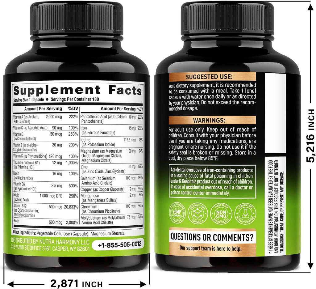 NUTRAHARMONY Multivitamínico Bariátrico con Hierro, 45 mg, 180 Cápsulas - Una Vez al Día