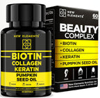 New Elements Biotina 10000mcg con Colágeno, Queratina y Aceite de Semilla de Calabaza para Cabello, Piel y Uñas