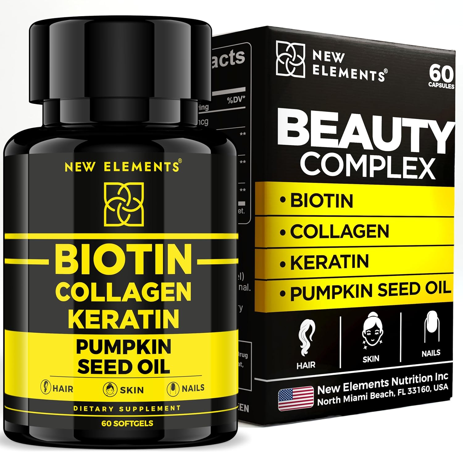 New Elements Biotina 10000mcg con Colágeno, Queratina y Aceite de Semilla de Calabaza para Cabello, Piel y Uñas