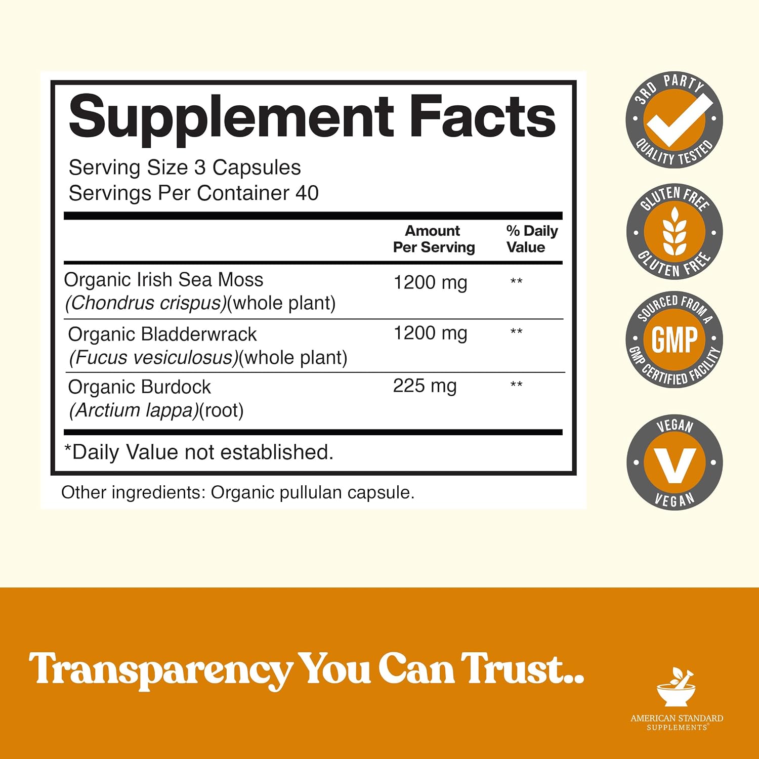 American Standard Supplements Cápsulas Orgánicas de Sea Moss, Bladderwrack y Burdock Root - 1200mg Sea Moss, 1200mg Bladderwrack, 225mg Burdock Root por Dosis - 120 Cápsulas, 40 Dosis