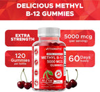 Vitamatic Vitamina B12 5000 mcg (Metilcobalamina) Gominolas - 120 unidades - Apoyo al Metabolismo Energético y Salud del Sistema Nervioso, Sabor Natural a Cereza