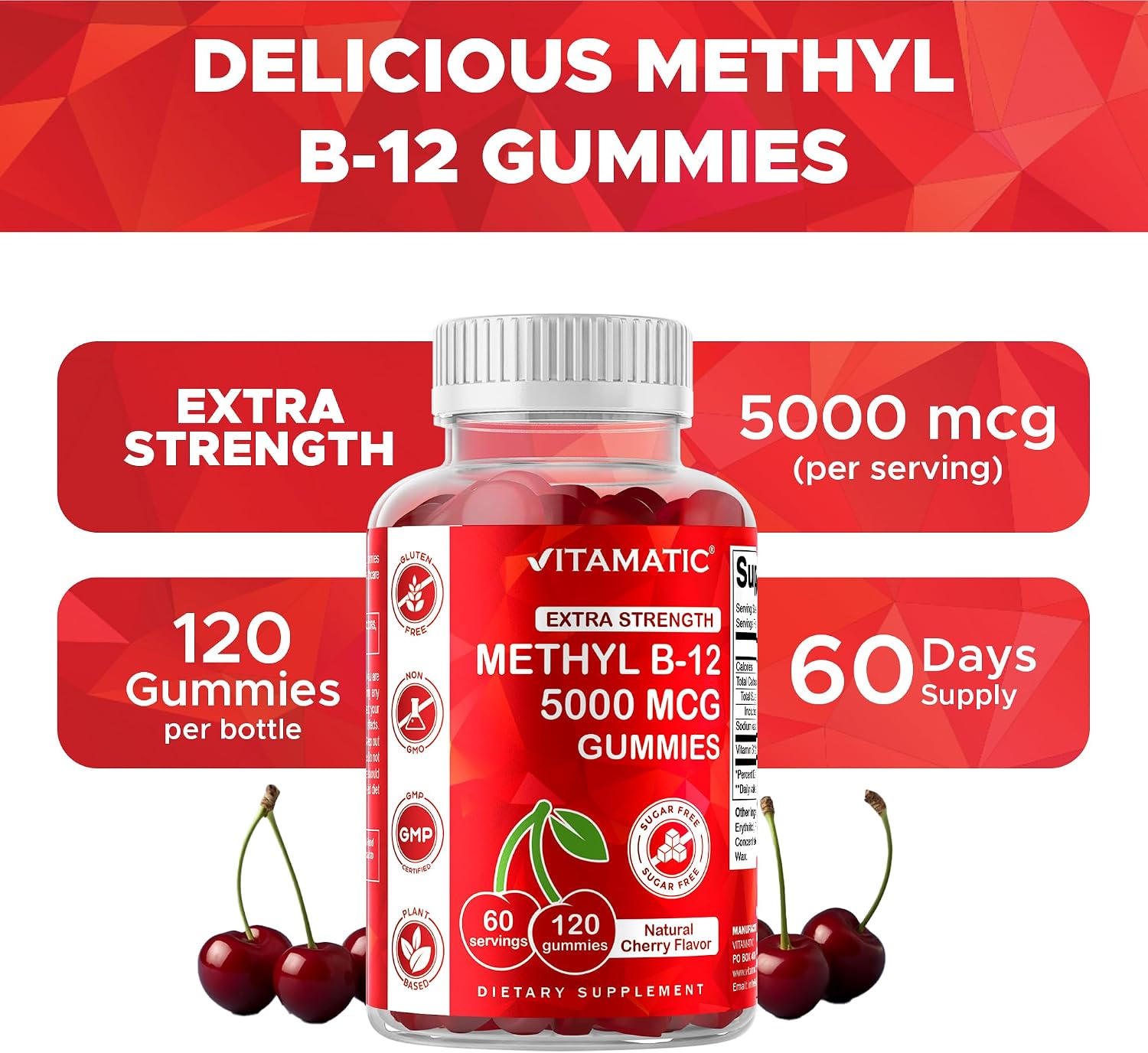 Vitamatic Vitamina B12 5000 mcg (Metilcobalamina) Gominolas - 120 unidades - Apoyo al Metabolismo Energético y Salud del Sistema Nervioso, Sabor Natural a Cereza